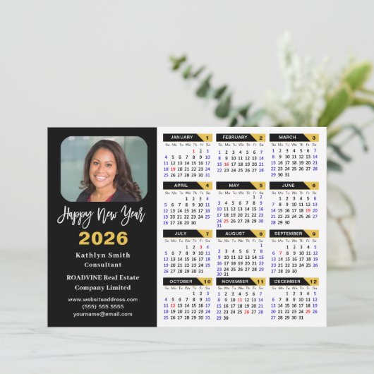 Moderne 2025 Kalender Bedrijfsfoto Zwart Goud Feestdagenkaart (Staand voorkant)