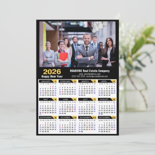 Moderne 2025 Kalender Bedrijfsfoto Zwart Goud Feestdagenkaart (Staand voorkant)