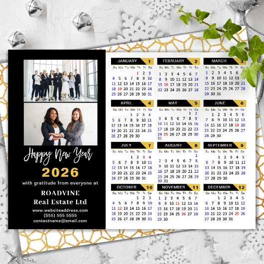 Moderne 2025 Kalender Corporate 2 Foto Zwart Goud Feestdagenkaart