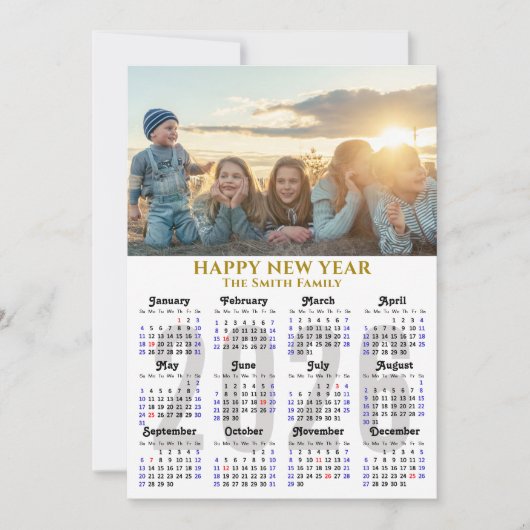 Moderne 2025 Kalender Foto Gold Script Minimalist Feestdagenkaart (Voorkant)