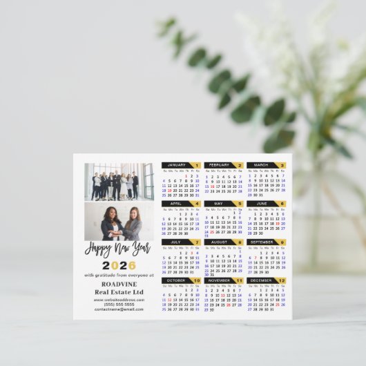 Moderne 2025 Kalender Goud Zwart Business 2 Foto Feestdagenkaart (Staand voorkant)