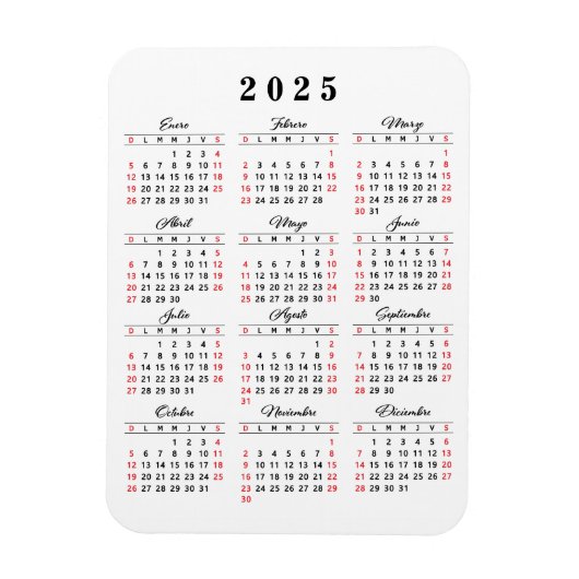 Moderne 2025 Kalender in het Spaans Wit Zwart Rood Magneet (Verticaal)
