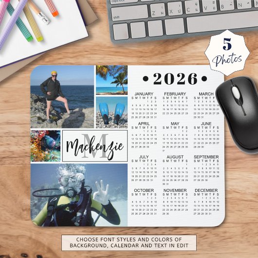 Moderne 2026 Kalender 5 Foto's Monogram Naam Muismat