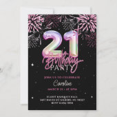 Moderne 21e roze Folie ballon vuurwerk Verjaardag Kaart (Voorkant)