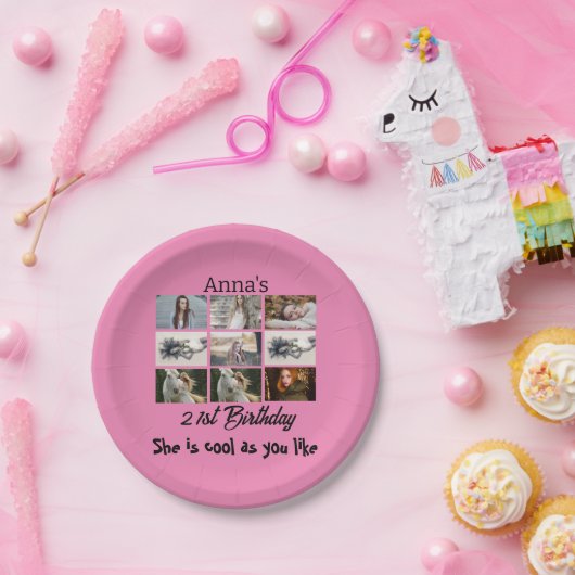 Moderne 21e verjaardag gepersonaliseerd 9 Foto Col Papieren Bordje (Feest)