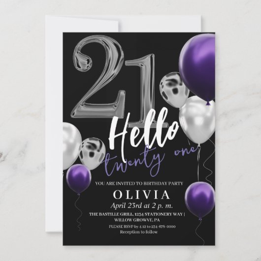 Moderne 21e verjaardag Zwarte Zilveren Paarse Ball Kaart (Voorkant)