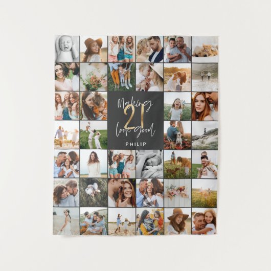 Moderne 21ste verjaardag multi foto script cadeau wandkleed (Voorkant)