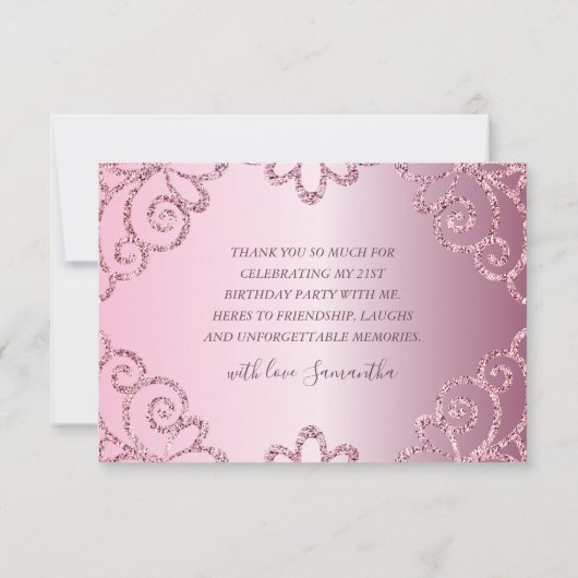 Moderne 21ste verjaardag roze glitter schittering bedankkaart (Achterkant)