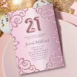 Moderne 21ste verjaardag roze glitter schittering kaart<br><div class="desc">Dompel uzelf onder in verfijning met ons elegante, maar grillige vrouwelijke ontwerp versierd met delicate roze glitteraccenten en nep-folie ballonnummers. Geef je persoonlijke touch in elk detail, waardoor deze creatie uniek voor jou is. Verhoog uw speciale gelegenheid met dit betoverende ontwerp, waar elk element uw kenmerkende stijl weerspiegelt en een...</div>