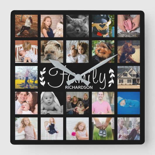 Moderne 22-reeks fotocollage & naam vierkante klok (Voorkant)