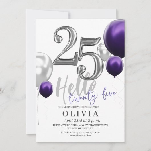 Moderne 25e verjaardagsfeest zilveren paarse ballo kaart (Voorkant)