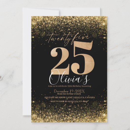Moderne 25e verjaardagsfeest zwart goud glitter kaart (Voorkant)