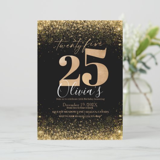 Moderne 25e verjaardagsfeest zwart goud glitter kaart (Staand voorkant)