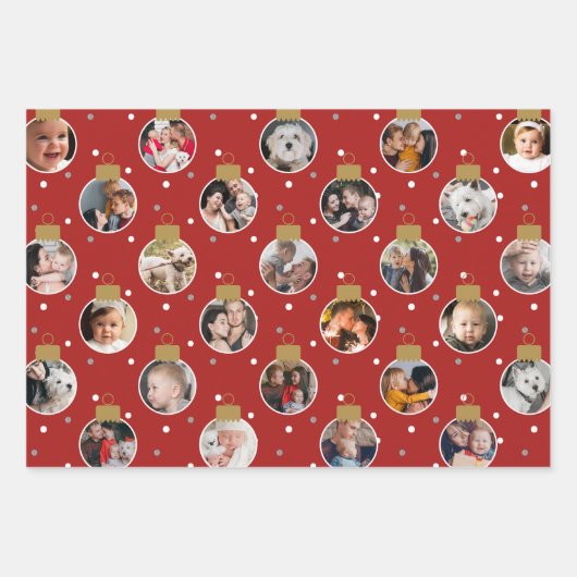 Moderne 27-foto kerstornamenten rood en wit inpakpapier vel (Voorkant)