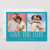 Moderne 2-foto aqua blauwe trouw save the date (Voorkant)