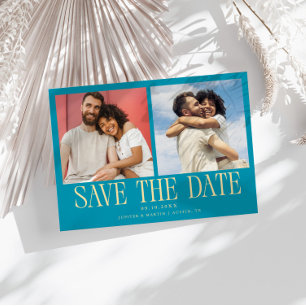 Moderne 2-foto aqua blauwe trouw save the date