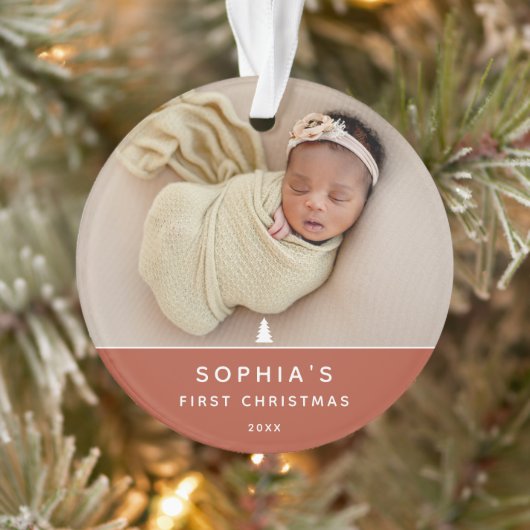 Moderne 2 Foto Baby's Eerste Kerstmis Acryl Ornament (Boom)
