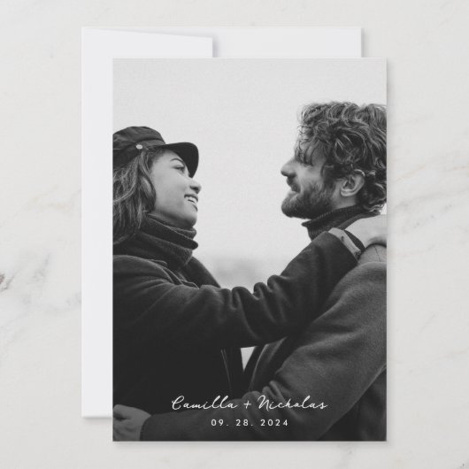 Moderne 2 foto boog overlay bruiloft uitnodiging (Achterkant)