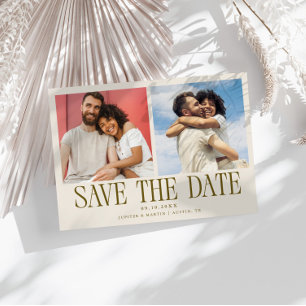 Moderne 2-Foto Crème Trouwkaart Save The Date