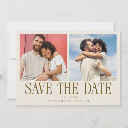 Moderne 2-Foto Crème Trouwkaart Save The Date (Voorkant)