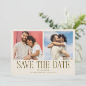 Moderne 2-Foto Crème Trouwkaart Save The Date (Staand voorkant)