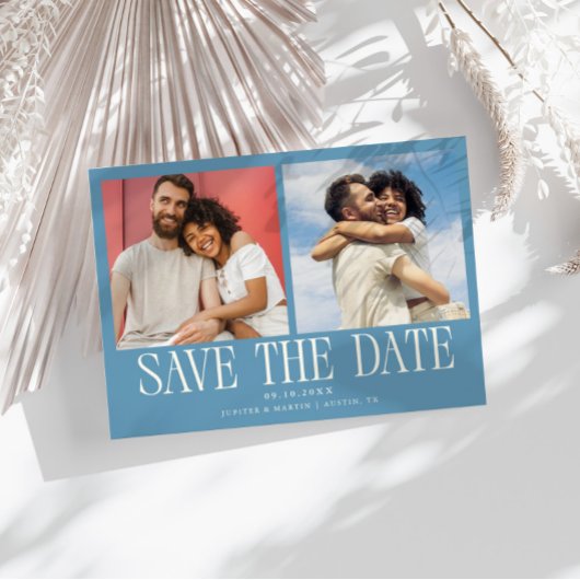 Moderne 2-Foto Denim Blauwe Trouw Save The Date