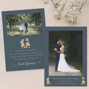 Moderne 2 foto dinosaurus thema bruiloft bedankkaart