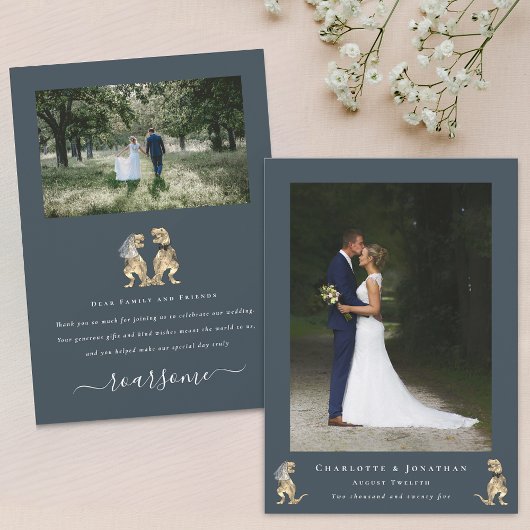 Moderne 2 foto dinosaurus thema bruiloft bedankkaart