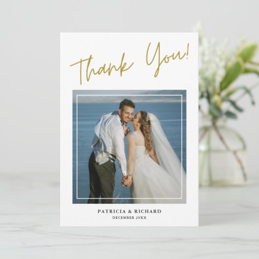 Moderne 2 foto dubbelzijdige bruiloft dank u bedankkaart (Staand voorkant)