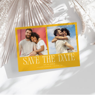 Moderne 2-foto gele trouwkaart save the date