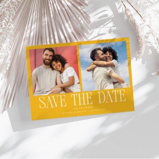 Moderne 2-foto gele trouwkaart save the date