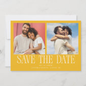 Moderne 2-foto gele trouwkaart save the date (Voorkant)