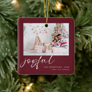 Moderne 2 foto Joyful Script Christmas Bourgondië Keramisch Ornament