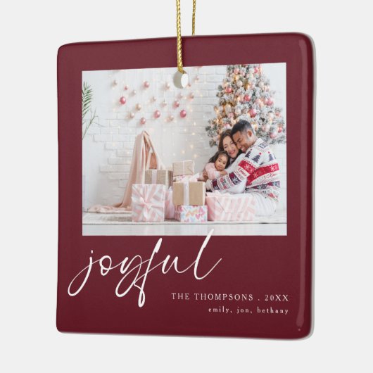 Moderne 2 foto Joyful Script Christmas Bourgondië Keramisch Ornament (Links)