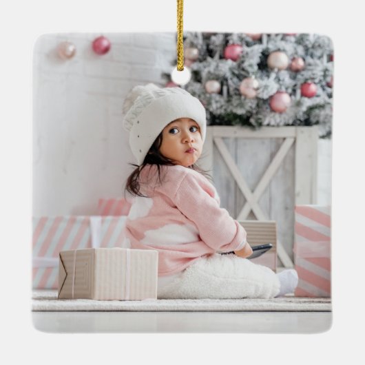 Moderne 2 foto Joyful Script Christmas Bourgondië Keramisch Ornament (Achterkant)