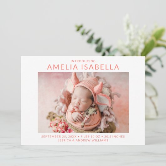 Moderne 2 foto meisje geboorte aankondiging (Staand voorkant)