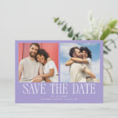 Moderne 2-Foto Paarse Huwelijk Save The Date (Staand voorkant)