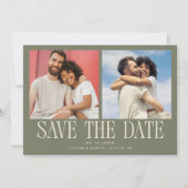 Moderne 2-Foto Sage Groene Trouw Save The Date (Voorkant)