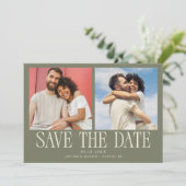 Moderne 2-Foto Sage Groene Trouw Save The Date (Staand voorkant)