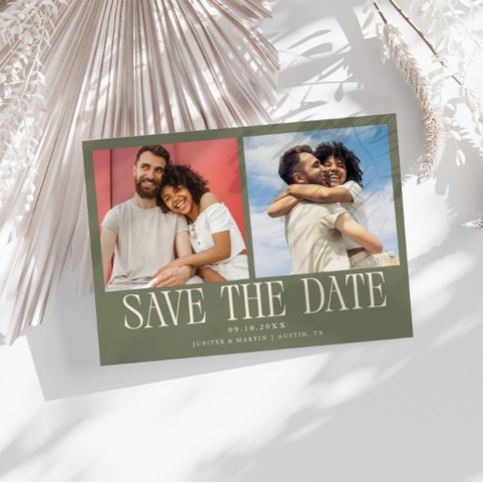 Moderne 2-Foto Sage Groene Trouw Save The Date