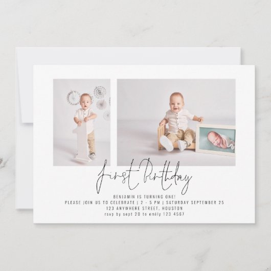 Moderne 2 Foto script eerste verjaardag Kaart (Voorkant)