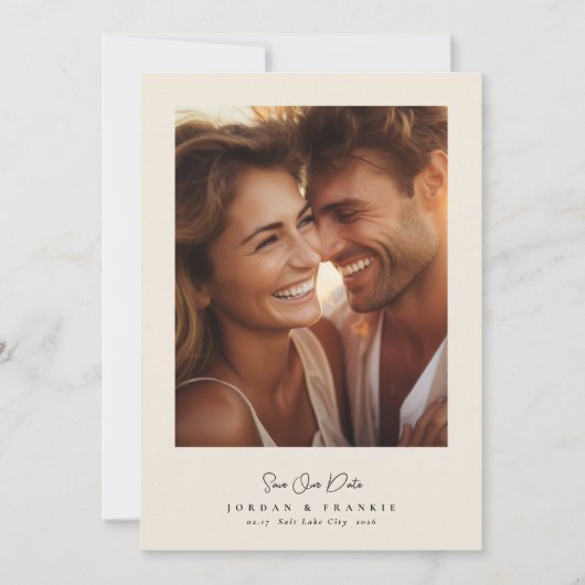 Moderne 2 foto script kalligrafie bruiloft save the date (Voorkant)