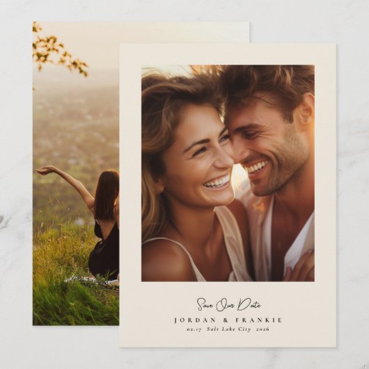 Moderne 2 foto script kalligrafie bruiloft save the date (Voorkant / Achterkant)