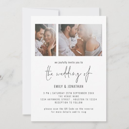 Moderne 2 Foto Script QR Code Huwelijk Kaart (Voorkant)