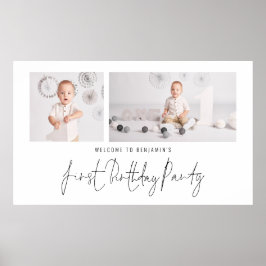 Moderne 2 Foto Script Welcome First Birthday Party Poster