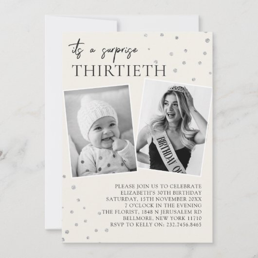 Moderne 2 foto Verrassing 30e verjaardag uitnodigi Kaart (Voorkant)