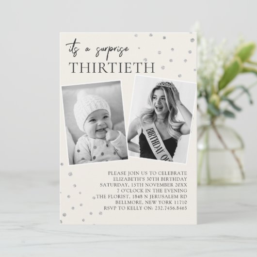 Moderne 2 foto Verrassing 30e verjaardag uitnodigi Kaart (Staand voorkant)