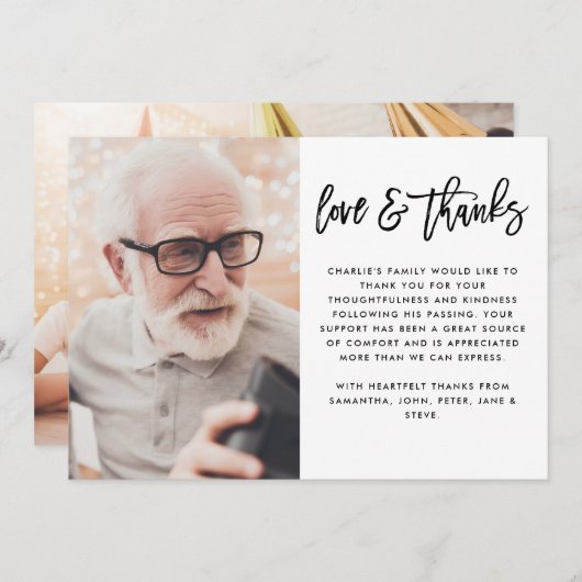 Moderne 2-foto zwart handgeschreven script begrafe bedankkaart (Voorkant / Achterkant)