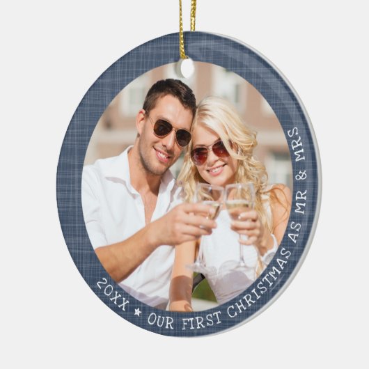 Moderne 2-fotoblauw kerstfeest keramisch ornament (Links)