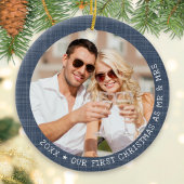 Moderne 2-fotoblauw kerstfeest keramisch ornament